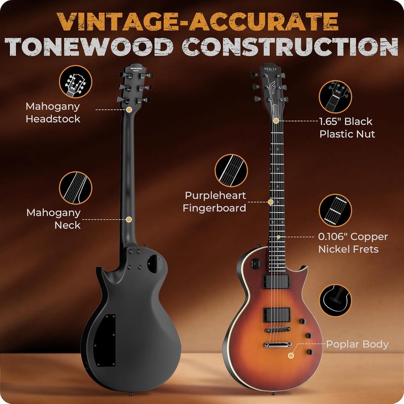 Fesley 39" LP Electric Guitar Kit:Full Size Solid Body Electric Guitars for Beginners with Humbucker Pickups,Poplar Body,Mahogany Neck,22 Frets,6 String Guitar with Gig Bag,Cable,FLP350,Matte,Sunburst - Image 2